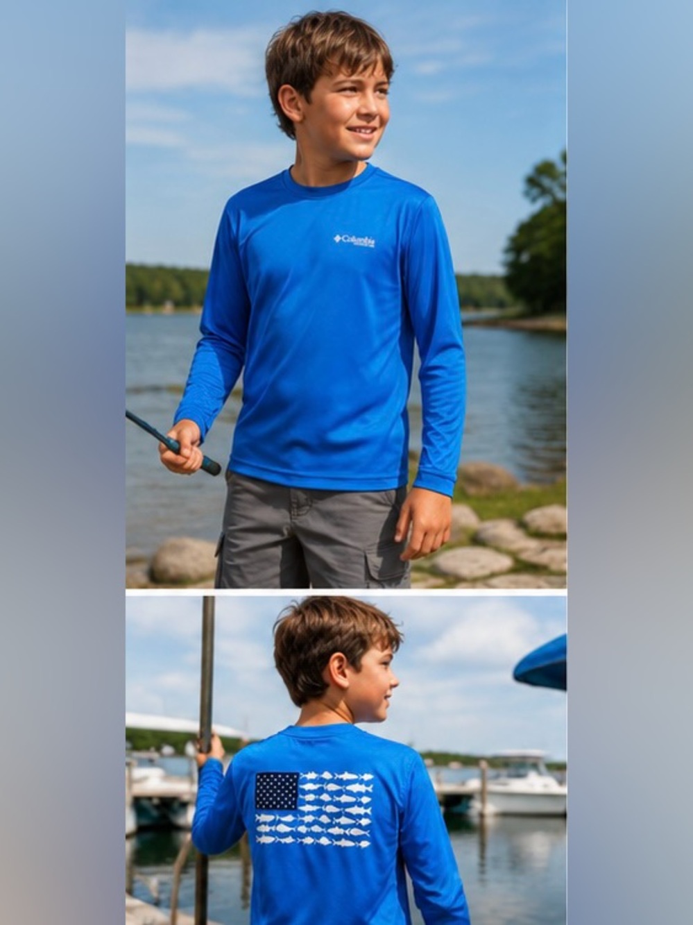 BNWOT/EEUC Columbia PFG Youth Large Blue Fish Flag Long Sleeve Performance Shirt
